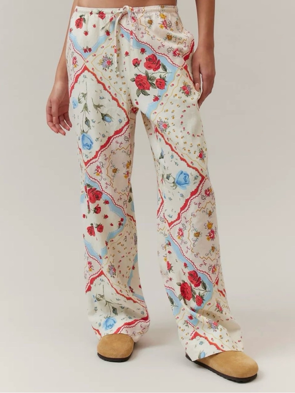 Urban Outfitters’ BDG Linen Wide-Leg Pants in Cream with Floral Scarves Print